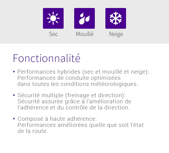 Wet, Wear Life, Dry, Features - 1.Summer : Optimised dry, wet performance, 2.Impressive tread life, 3.Quiet, smooth driving across all road conditions