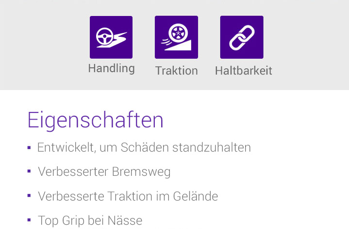 Off-Road, Traction, Durability, Features - 1.Designed to resist external damage, 2.Improved traction and braking, 3.Enhanced off-road aggressive traction, 4.Excellent grip in wet conditions