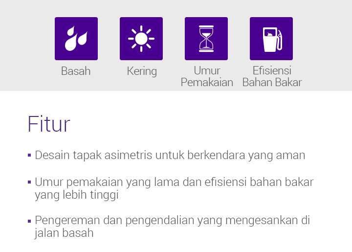 Wet, Dry, Fuel Efficiency, Features - 1.Asymmetric tread design, 2.Summer : Optimised dry, Wet performance, 3.Long tread life, 4.Excellent stability and handling performance, 5.Quiet, smooth driving