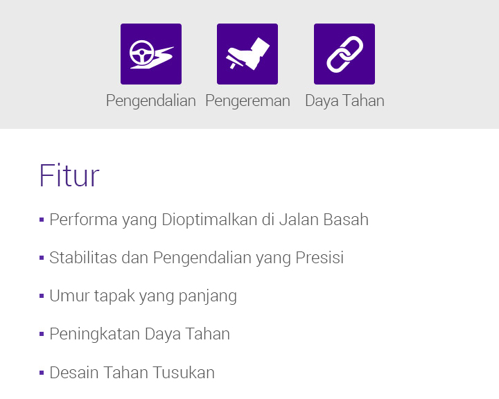 Pengendalian, Pengereman, Daya Tahan, Fitur - 1.Performa yang Dioptimalkan di Jalan Basah, 2.Stabilitas dan Pengendalian yang Presisi, 3.Umur tapak yang panjang, 4.Peningkatan Daya Tahan, 5.Desain Tahan Tusukan