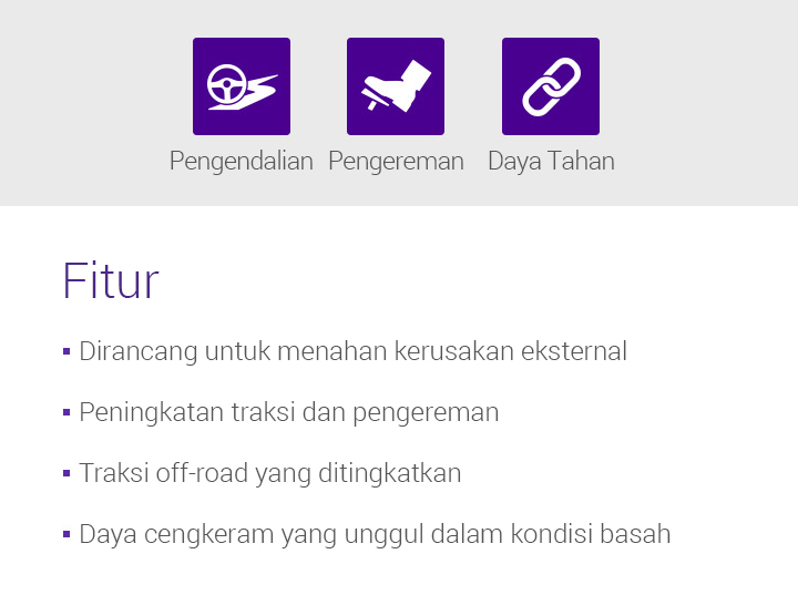 Pengendalian , Pengereman , Daya Tahan, Fitur - 1.Dirancang untuk menahan kerusakan eksternal, 2.Peningkatan traksi dan pengereman, 3.Traksi off-road yang ditingkatkan, 4.Daya cengkeram yang unggul dalam kondisi basah