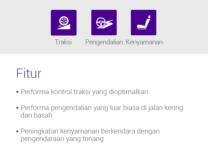 Traksi , Pengendalian, Kenyamanan, Fitur - Performa kontrol traksi yang dioptimalkan, Performa pengendalian yang luar biasa di jalan kering dan basah, Peningkatan kenyamanan berkendara dengan pengendaraan yang tenang