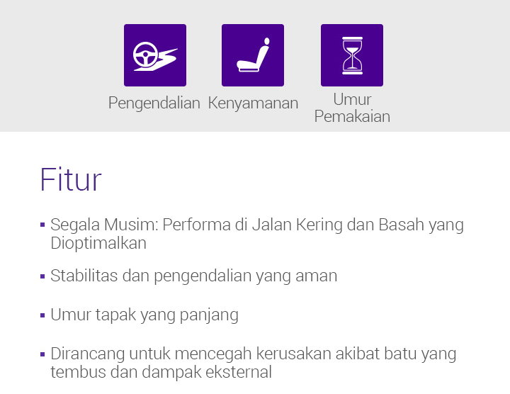 Pengendalian , Kenyamanan , Umur pemakaian, Fitur - 1.Segala Musim: Performa di Jalan Kering dan Basah yang Dioptimalkan, 2.Stabilitas dan pengendalian yang aman, 3.Umur tapak yang panjang, 4.Dirancang untuk mencegah kerusakan akibat batu yang tembus dan dampak eksternal