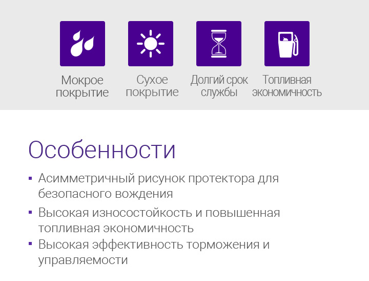 Wet, Dry, Fuel Efficiency, Features - 1.Asymmetric tread design, 2.Summer : Optimised dry, Wet performance, 3.Long tread life, 4.Excellent stability and handling performance, 5.Quiet, smooth driving
